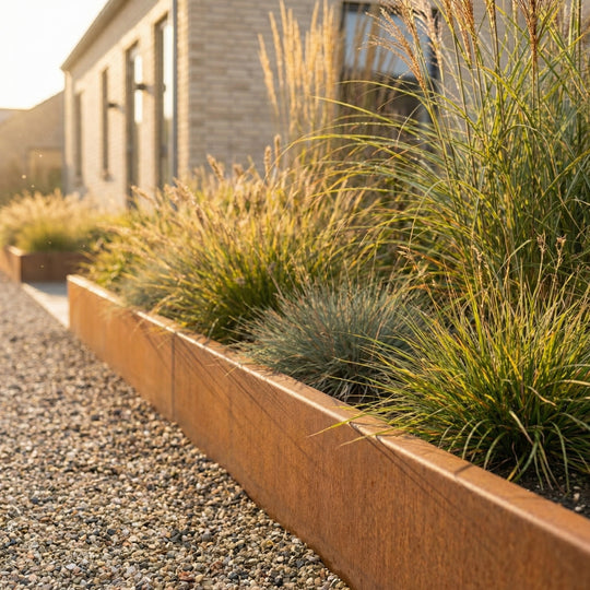 Maßgeschneiderte Bestellung: Gebogene Beeteinfassung aus 3 mm Cortenstahl