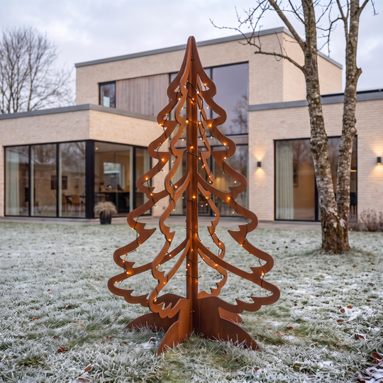 Tannenbaum aus Cortenstahl mit dezenten Lichtern als Weihnachtsdeko im Garten eines modernen hellen Hauses.