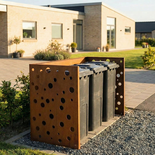 Mülltonnenverkleidung aus Cortenstahl - gelöchertes Modell