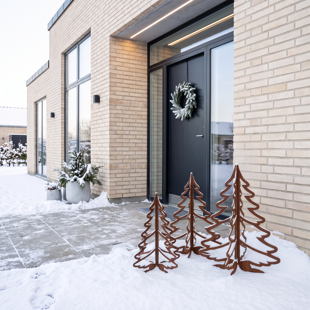 Drei Weihnachtsbäume aus Cortenstahl im Schnee vor einer dunklen Haustür mit Türkranz.