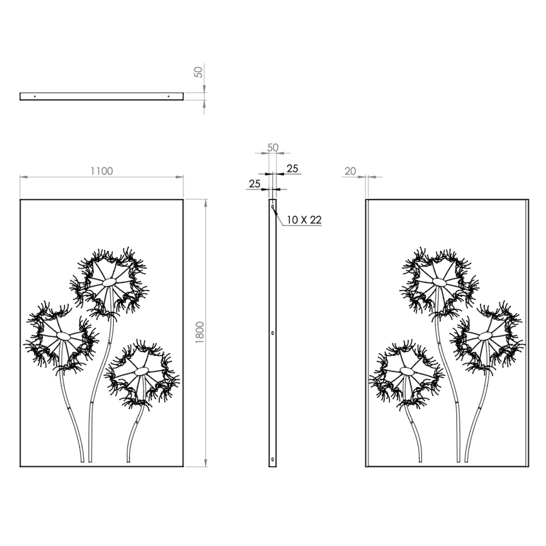 Cortenstahlzaun mit Ausschnitt: Löwenzahn